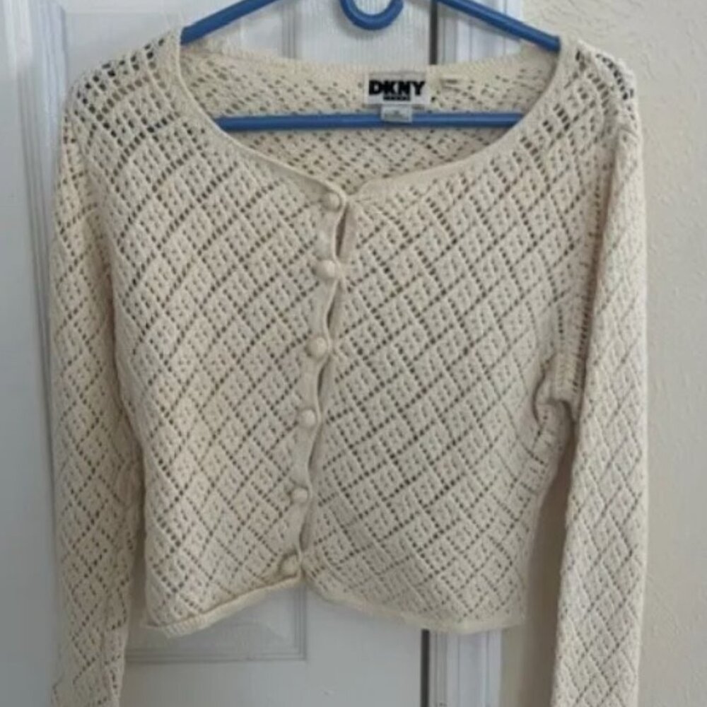 DKNY Donna Karan New York Cotton Crocheted Sweater Beige Womens Size Medium
